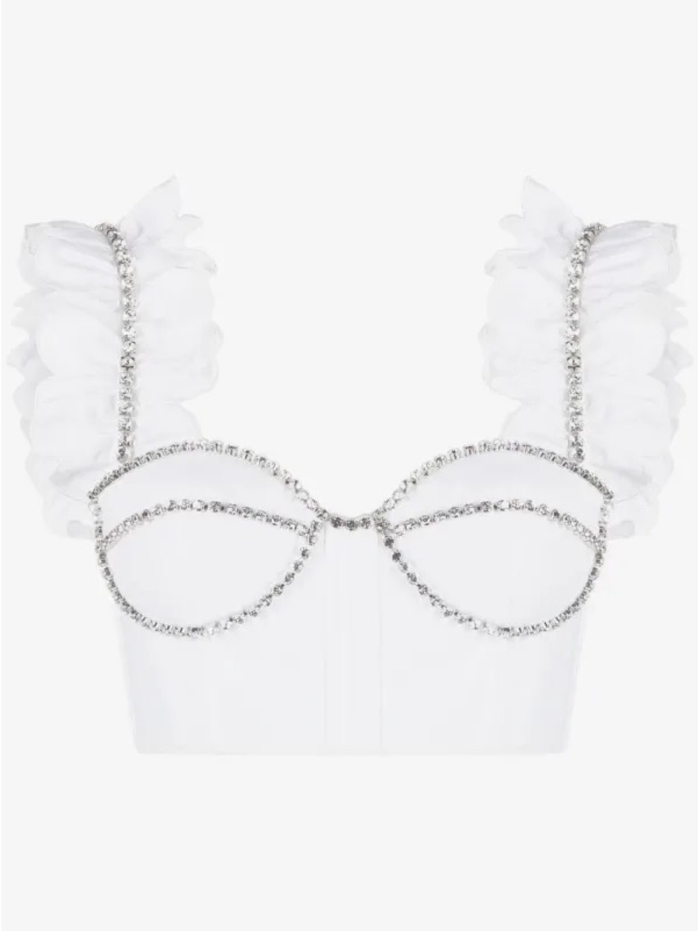 AREA Rhinestone Ruffle Crop Top in White
